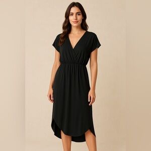 Solemio Black Faux Wrap Midi Dress Surplice